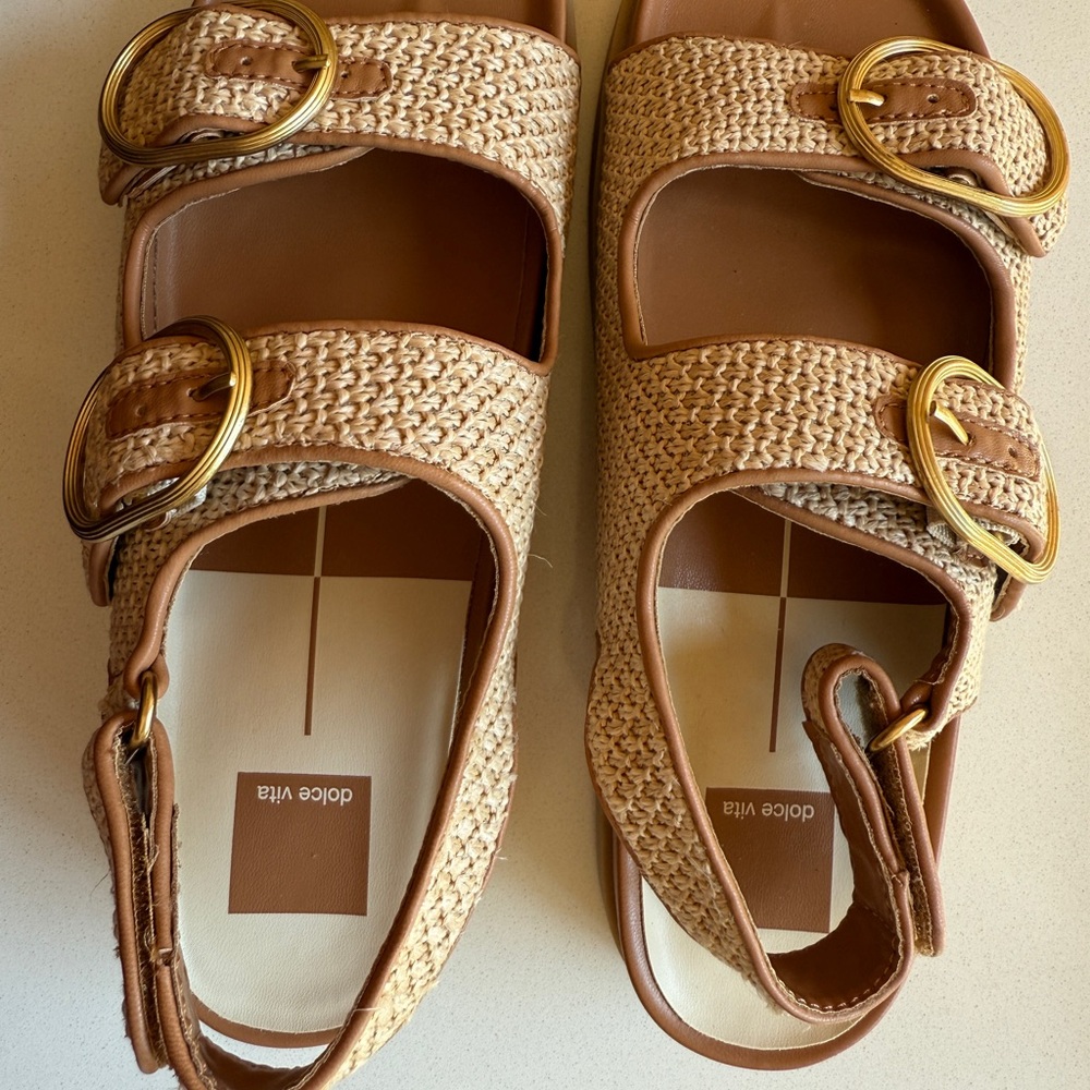Dolce Vita Tan Woven Sandals with Gold Accents - Picture 2 of 5